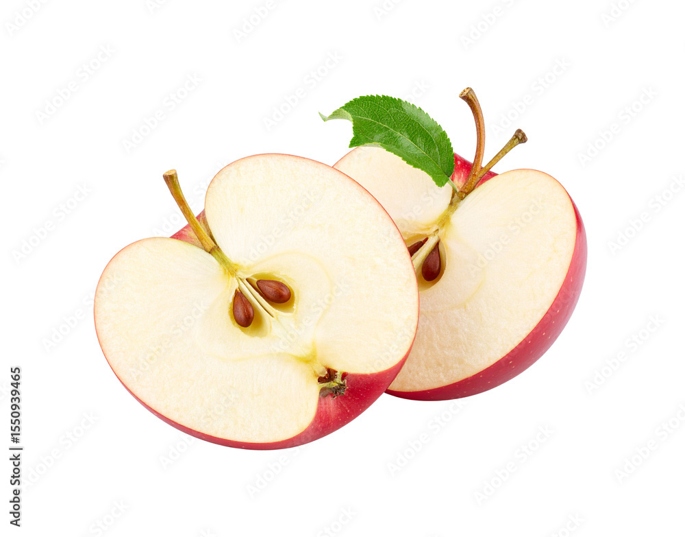 Poster two slices of red apple with seeds and stem visible.
