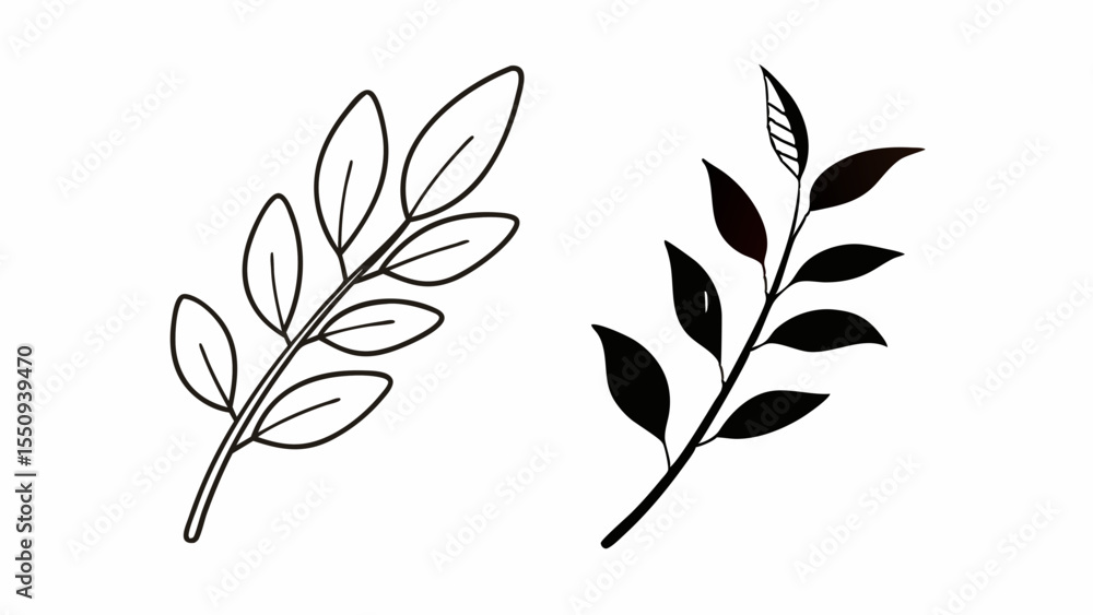 Aufkleber two botanical sprigs with leaves in black outline and solid black on a white background design eleme