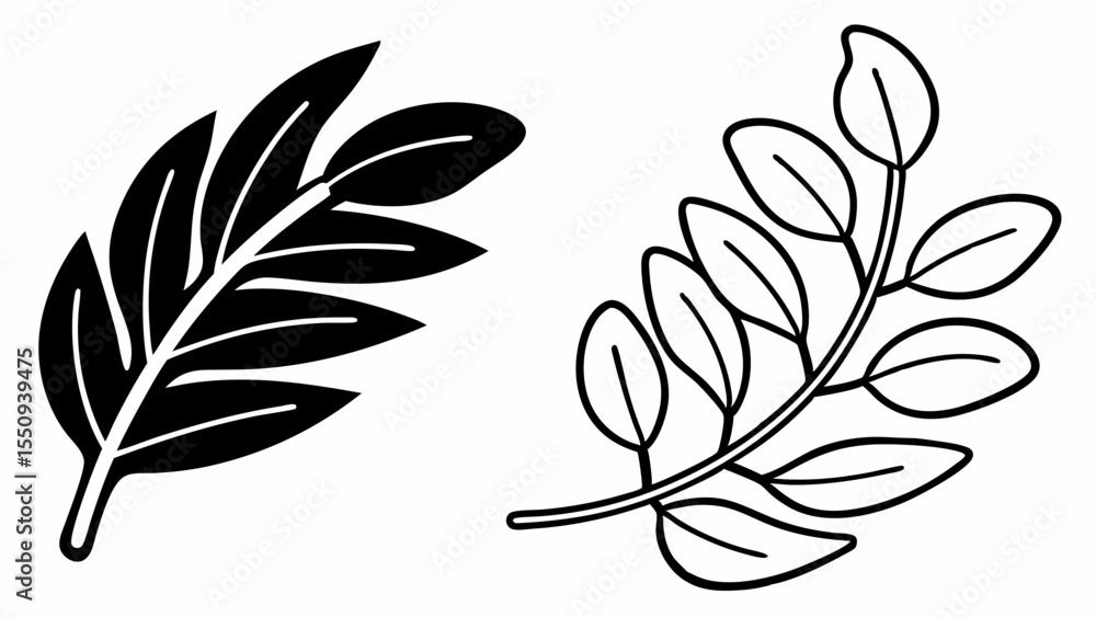 Poster illustration of two leafy branches one solid black and one outlined on a white background image view