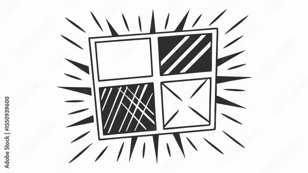 Poster four pane window with different patterns and radiating lines in a black and white doodle style art c