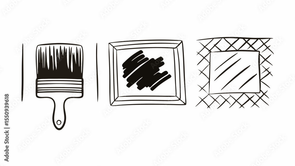 Poster illustration showing a paintbrush, a painted canvas and a framed canvas with a cross pattern created
