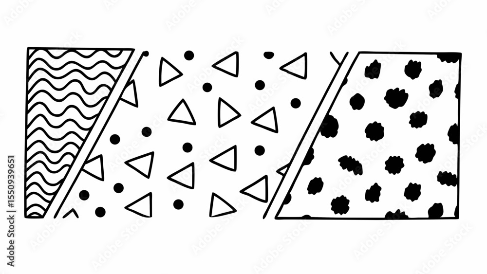 Poster three panels with different patterns including waves triangles and circles in black and white design