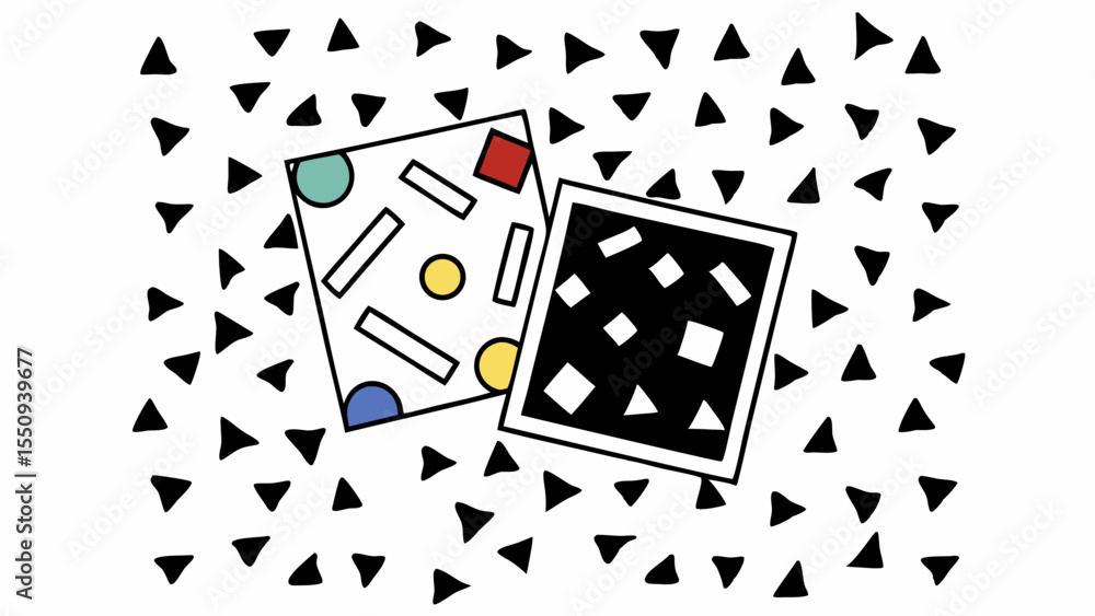 Aufkleber two squares with geometric shapes and black triangles scattered across the white background design a