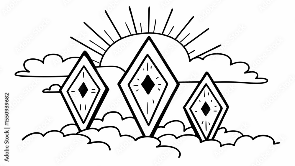 Poster three diamonds in the clouds with sun rays shining above in a black and white illustration style ima