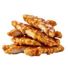 Stacked, breaded chicken strips, glazed in a brown sauce