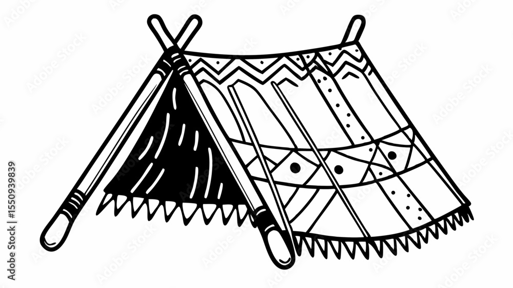 Poster illustration of a teepee with decorative patterns and support poles in a black and white style creat