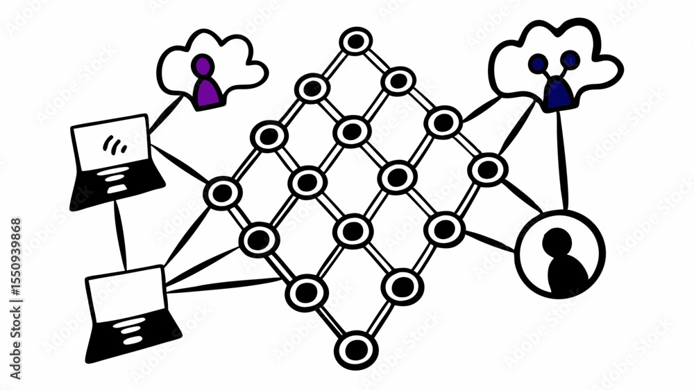 Poster illustration of interconnected network with laptops, clouds and user icons connected by lines create