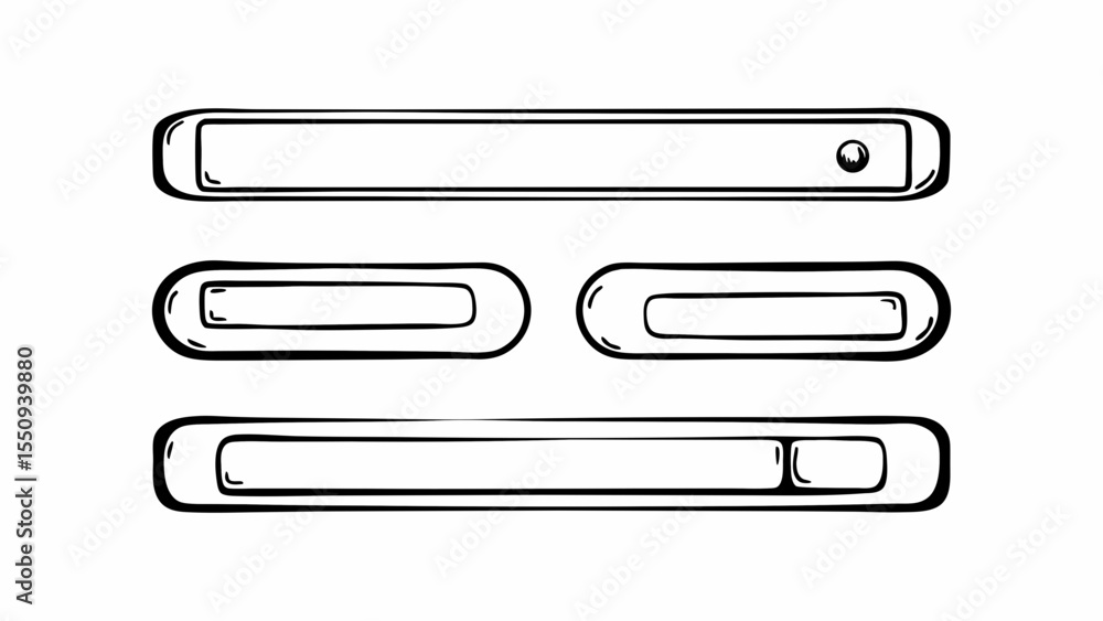 Poster hand drawn illustration of four different styles of search bars with rounded edges on a white backgr