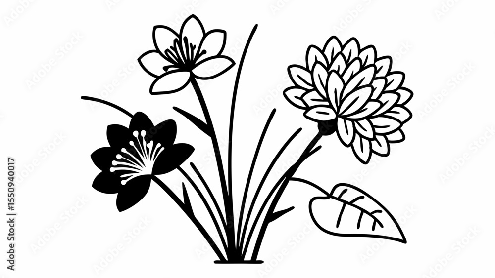 Poster black and white floral arrangement with three distinct flowers and a single leaf design element crea