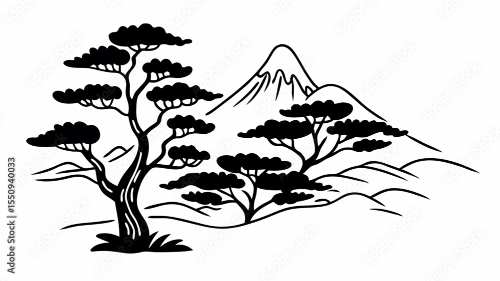 Poster silhouette of trees and mountain landscape with a peak in the background in black and white design c