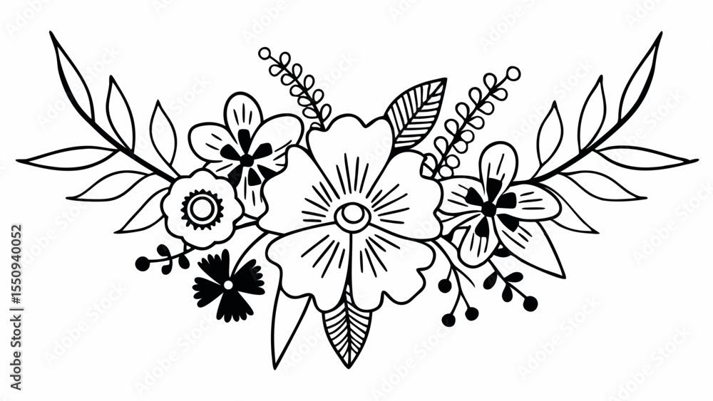 Poster floral arrangement with outlined flowers leaves and berries in a symmetrical composition design elem
