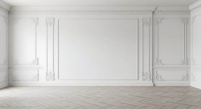 Fototapeta Empty room, White classic interior with blank wall, panel and moldings