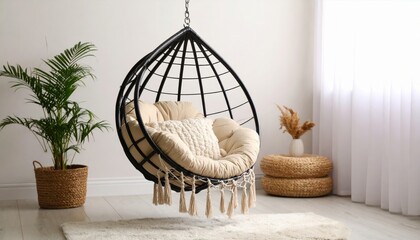 Cozy hanging chair in a modern interior with plants and natural light filtering through