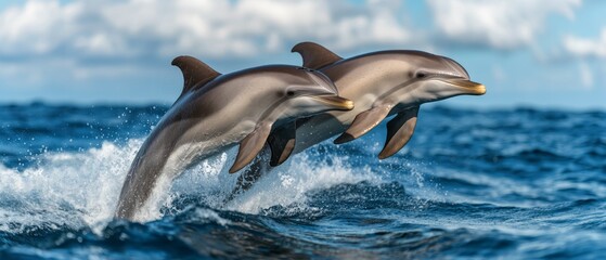 Fototapeta premium Two Dolphins Jumping in Ocean Waves Under Bright Sky with Clouds and Sunlight Reflection