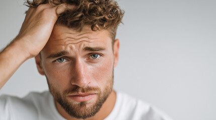 Fototapeta premium Portrait of a man showing a frustrated expression and gesture. Captures stress, tension, and emotional struggle in a powerful and relatable moment.