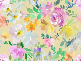 Seamless pattern of abstract watercolor roses, peonies, and wildflowers in muted tones. Hand-painted elegant botanical textile design. Floral wallpaper.