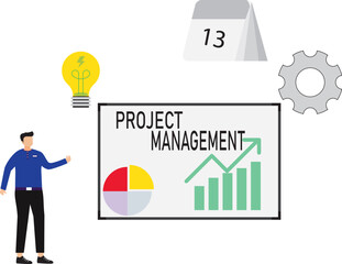 Project Management Concept with Growth Chart, Calendar, and Business Elements – Flat Design Vector