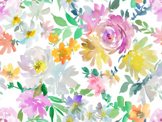 PNG seamless pattern of abstract watercolor roses, peonies, and wildflowers in muted tones. Hand-painted elegant botanical textile design with transparent background. Floral wallpaper.
