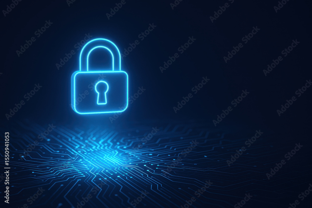 Poster neon blue lock symbol glowing above digital circuit board representing zero trust security concept w