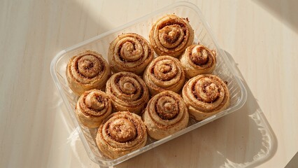 Fototapeta premium Top view of bite size cinnamon swirl rolls in a plastic tray illuminated with natural light.