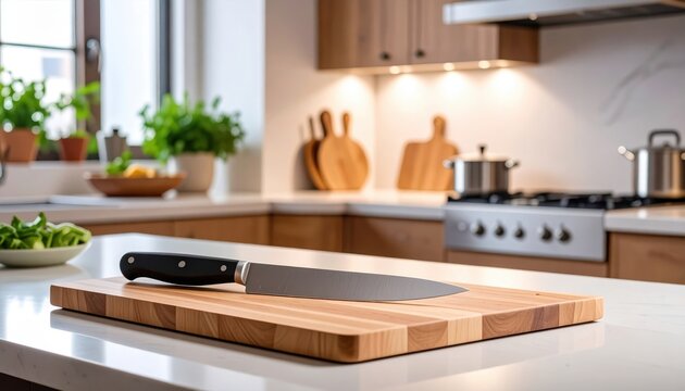 A sharp kitchen knife rests on a wooden cutting board in a modern kitchen with fresh vegetables