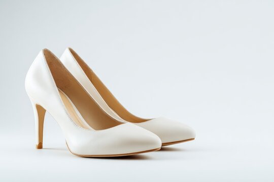 Two white highheeled shoes displayed against a neutral background