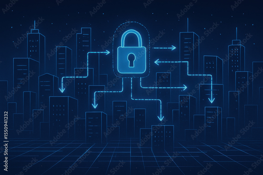 Aufkleber digital security concept with glowing lock icon connected to city buildings, symbolizing secure data