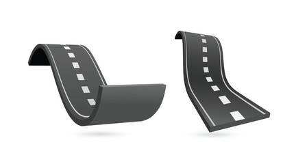 Two types of roads on a white background. Type 1 is an uphill road with a steep slope. Type 2 is a downhill road with curve. vector 3d illustration isolated for designing transportation and logistics © phiab