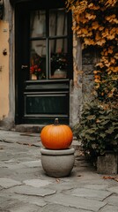 Naklejka premium Autumnal Pumpkin on Stone Pot in Front of Old Door
