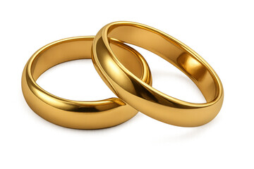 Golden wedding rings representing lifelong partnership, signaling marital commitment and romantic devotion, displayed on pristine transparent surface