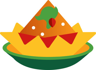 Bold flat design of a nacho plate with melted cheese, jalapeños, and salsa with white background .