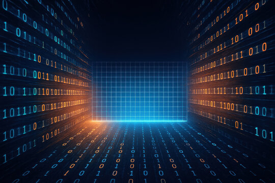 Digital data room with glowing binary code and grid pattern creates futuristic trust environment where zero errors are aimed for in technology and information security