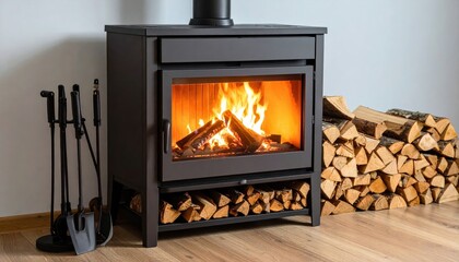 Cozy living room with a modern wood-burning stove, flames dancing, and stacked firewood nearby