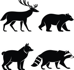 Fototapeta premium Forest Wildlife Silhouette Vector Set – Deer, Bear, Fox, Wolf & Raccoon Icons
