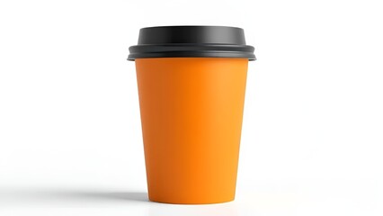 Hyperrealistic Orange Paper Coffee Cup with Black Lid on White Background – Studio Shot
