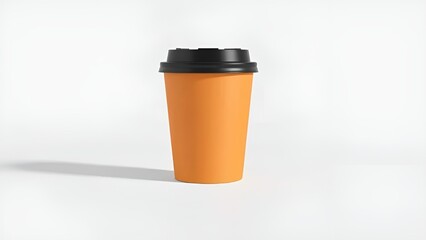 Hyperrealistic Orange Paper Coffee Cup with Black Lid on White Background – Studio Shot