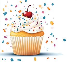 Delicious cupcake with sprinkles and cherry