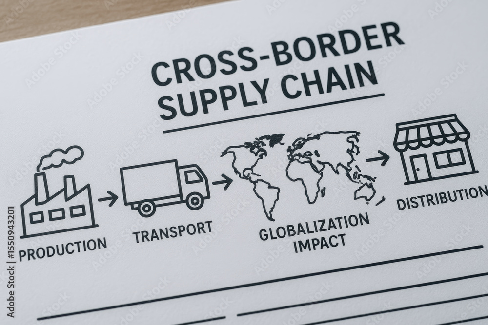 Poster cross border supply chain process includes production transport and distribution with globalization 