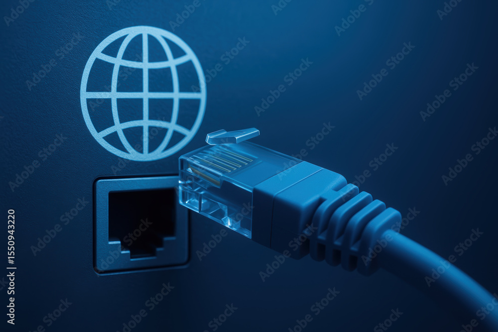 Poster network cable plug connecting to port with global internet symbol representing globalization impact 