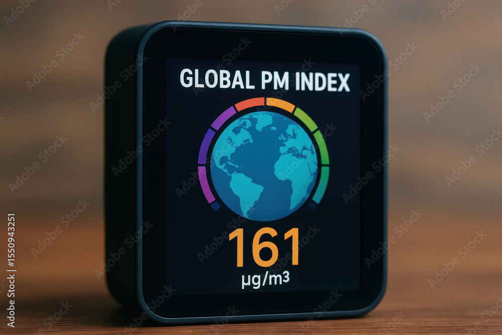 Poster global pm index device measuring air pollution impact highlights globalization effects environment w