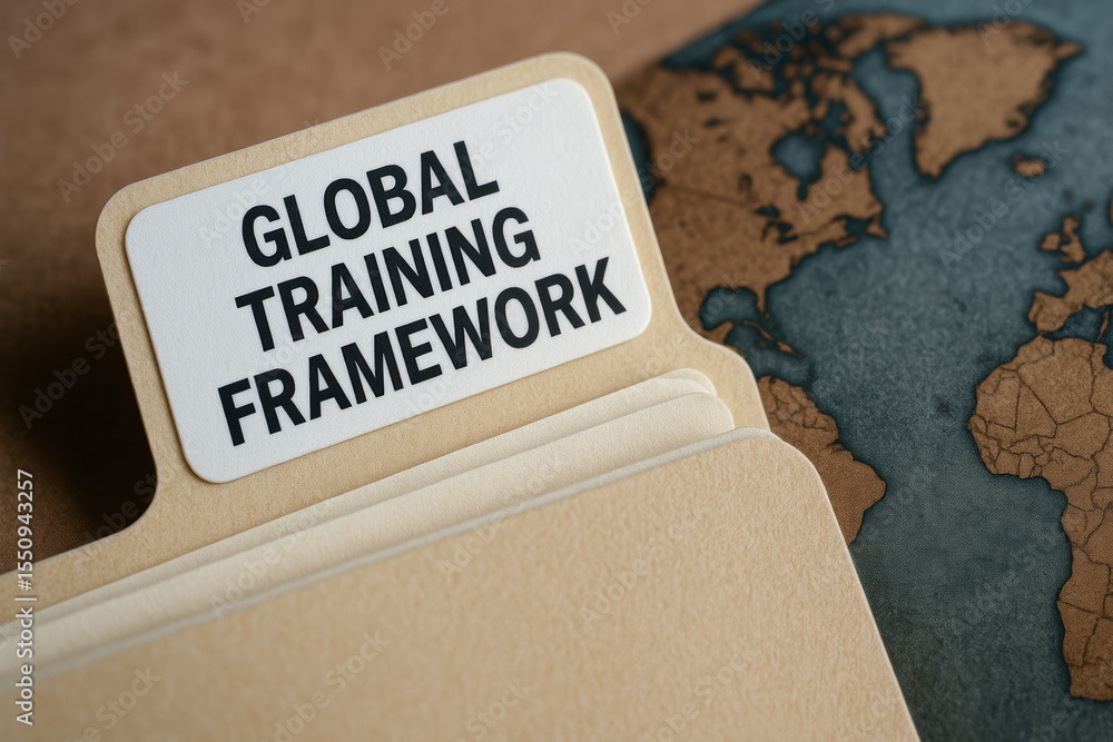 Aufkleber global training framework concept with folder and world map background representing globalization im
