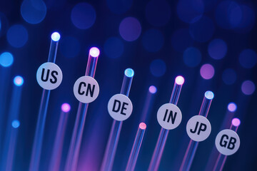 Globalization impact represented by fiber optic cables with country codes symbolizing international communication and data exchange in technology