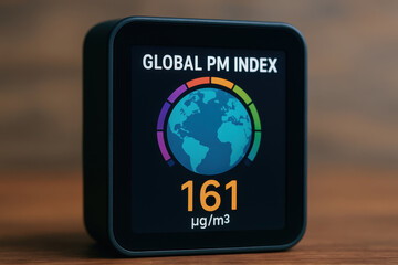Global PM index device measuring air pollution impact highlights globalization effects environment with digital display showing particulate matter