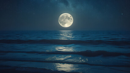 Magical Moonlit Night Seascape with Starry Sky and Ocean Reflection