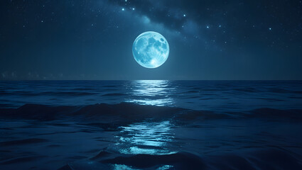 Magical Moonlit Night Seascape with Starry Sky and Ocean Reflection