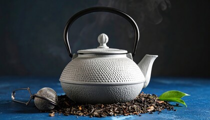 Elegant cast iron teapot with steam rising, surrounded by loose tea leaves and a tea infuser