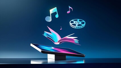 Consumer Spending Trends, a tablet standing upright projects holographic icons of a book, music notes, and a movie reel floating in the air against a dark blue background.