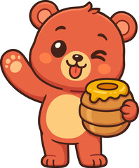 Obraz premium cute cartoon bear with honey pot winking and waving for kids vector animal illustration