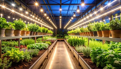 Fototapeta premium Lush indoor herb garden illuminated by warm lights, showcasing vibrant plants and serene ambiance
