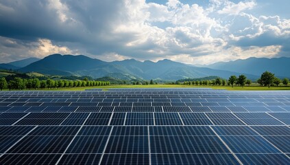 Vast solar panel farm stretches across a valley, with mountains in the background under a partly cloudy sky